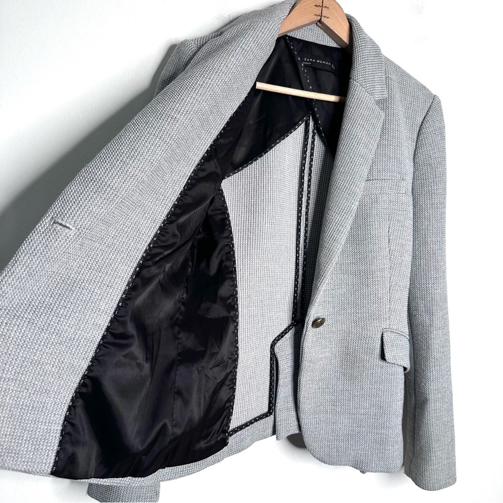 ZARA Gray Blazer Waffle Weave Structured Coat Gold Buttons Fitted Size Medium - Picture 4 of 9
